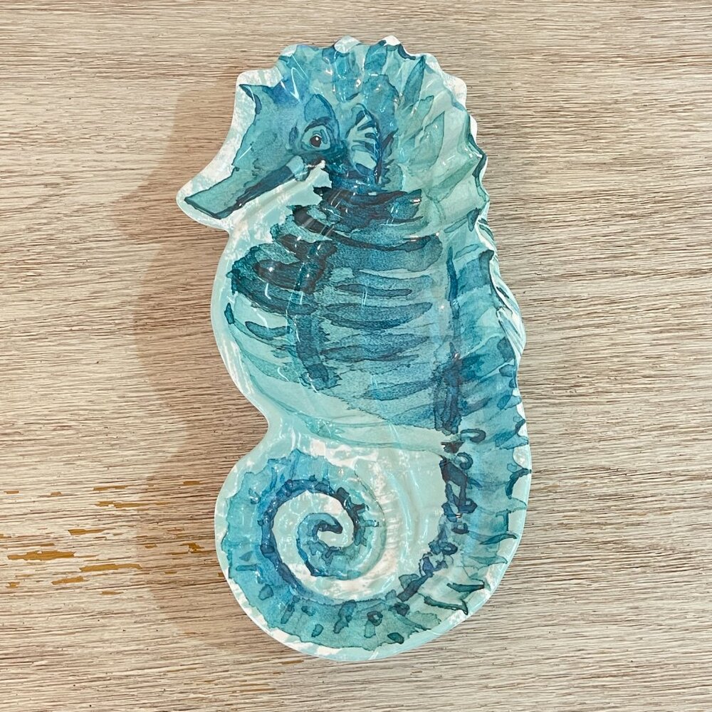 New Seahorse Melamine Serving Tray Turquoise Blue White Coastal Ocean Beach